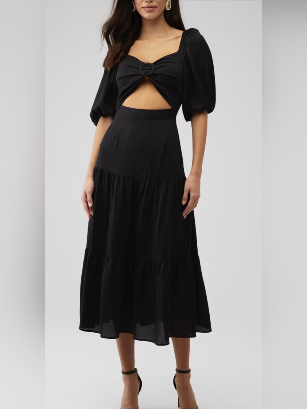 MINKPINK Black Tiered Midi Dress with Cutout Waist